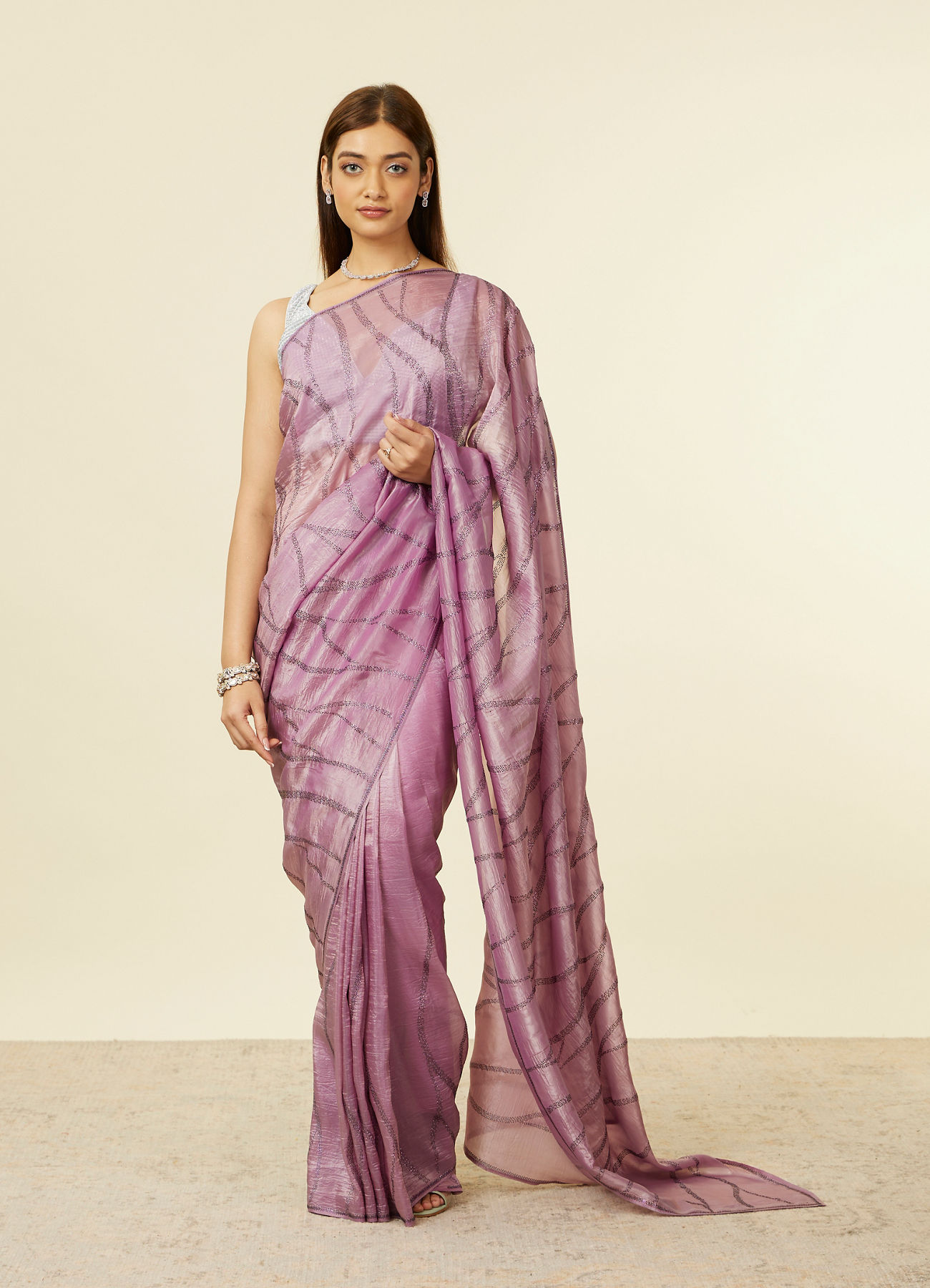 Mohey Women Lilac Stone Embellished Saree