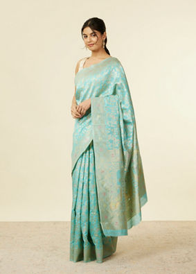 alt message - Mohey Women Light Blue Floral Zari Work Saree image number 3