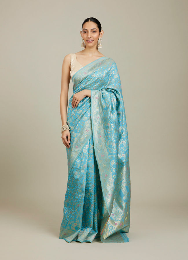 Mohey Women Light Blue Floral Zari Work Saree