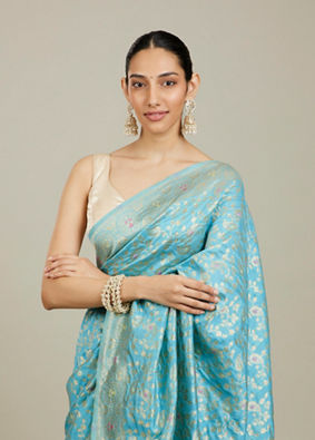 Mohey Women Light Blue Floral Zari Work Saree image number 1