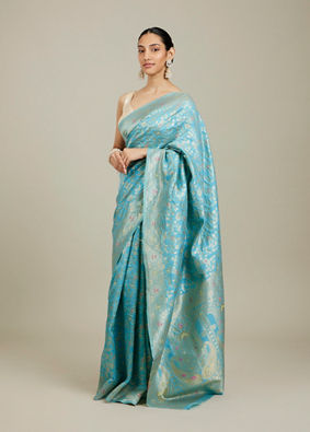 Mohey Women Light Blue Floral Zari Work Saree image number 2