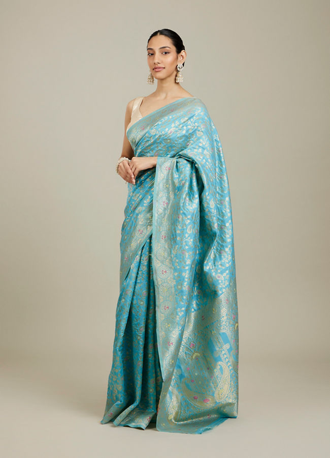 Mohey Women Light Blue Floral Zari Work Saree