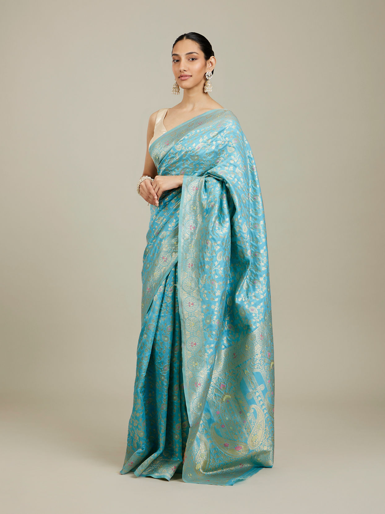 Mohey Women Light Blue Floral Zari Work Saree