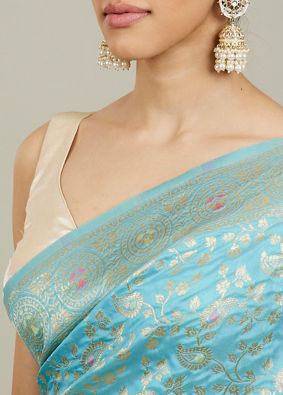 Mohey Women Light Blue Floral Zari Work Saree image number 3