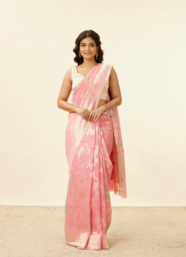 alt message - Mohey Women Rose Pink and Silver Floral Zari Work Saree image number 0