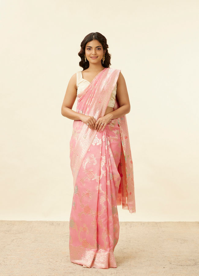 Mohey Women Rose Pink and Silver Floral Zari Work Saree