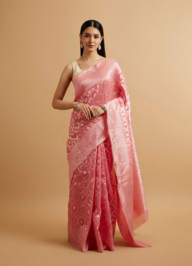 alt message - Mohey Women Pink Zari-Weave Traditional Festive Saree image number 0