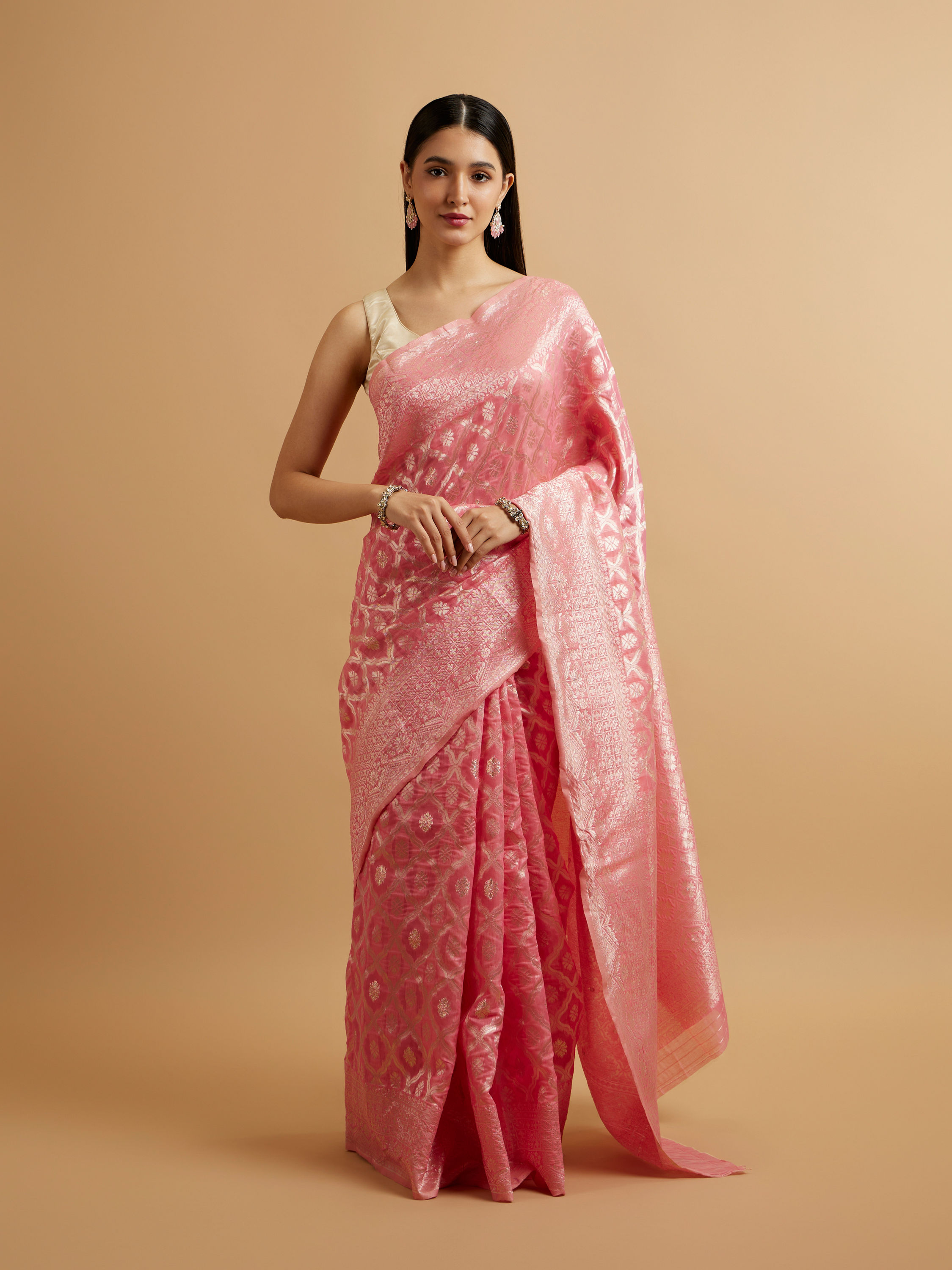 Mohey Women Pink Zari Weave Traditional Festive Saree