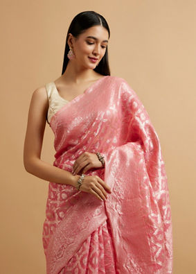 alt message - Mohey Women Pink Zari-Weave Traditional Festive Saree image number 1