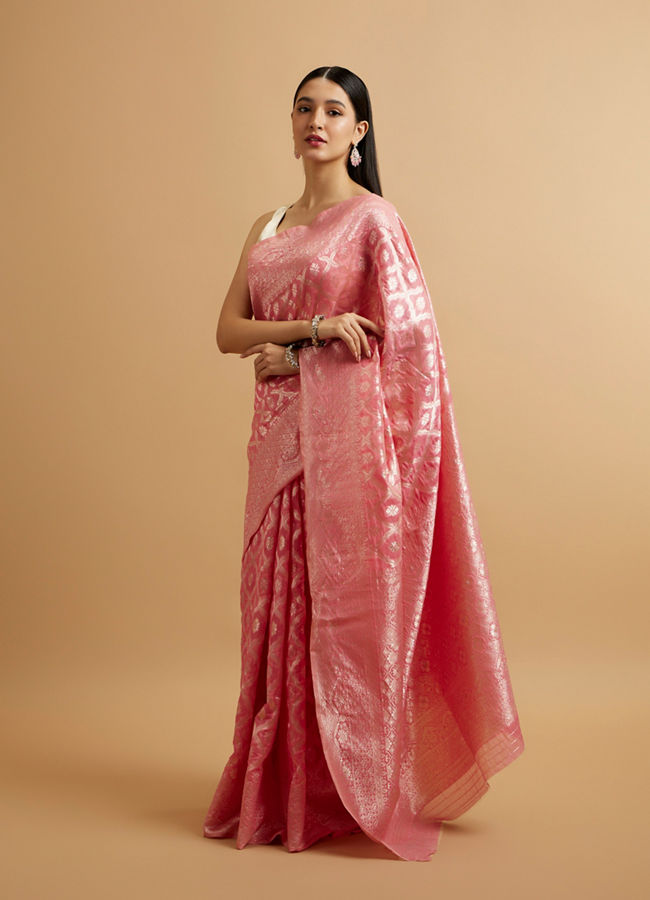 Mohey Women Pink Zari Weave Traditional Festive Saree