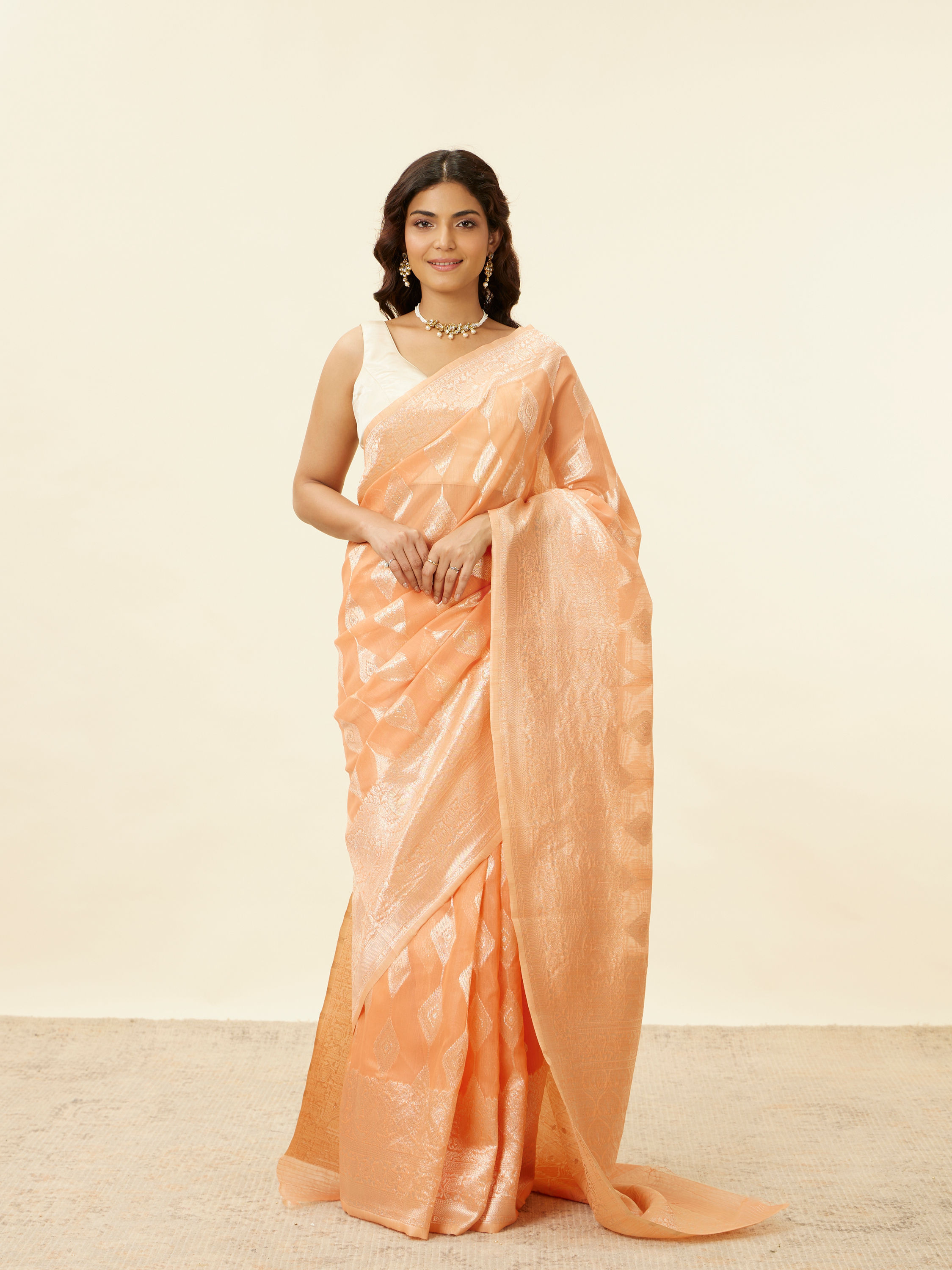 Mohey Women Coral Orange Zari Work Saree