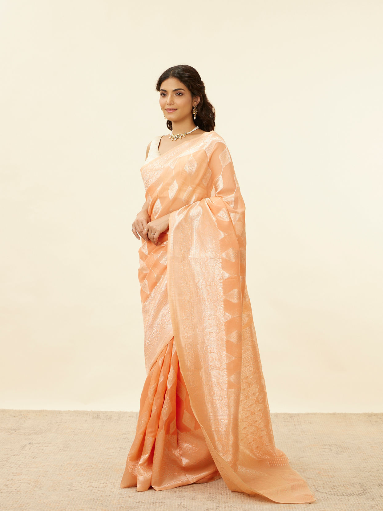 Mohey Women Coral Orange Zari Work Saree