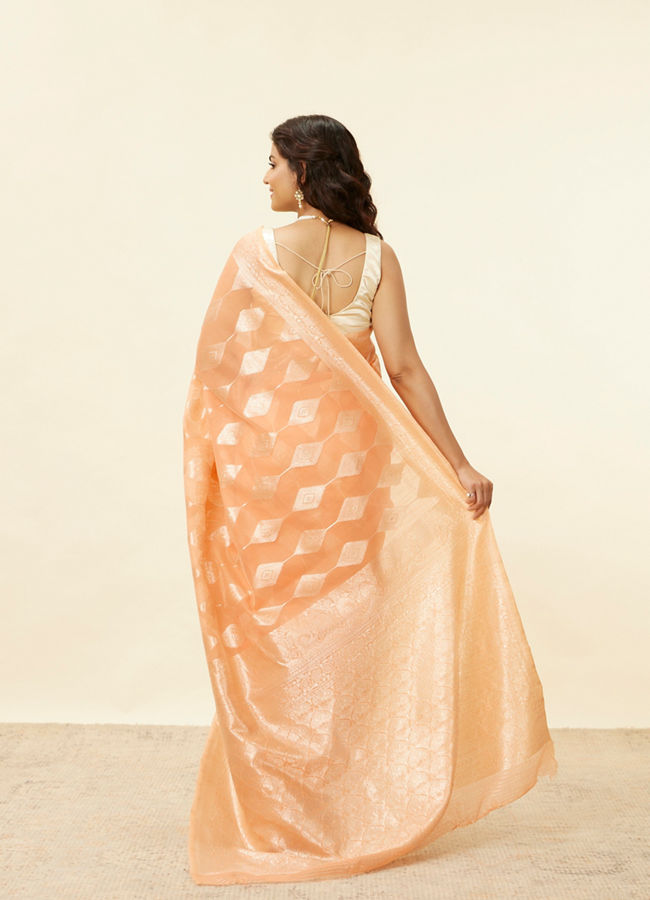 Coral Orange Zari Work Saree image number 2