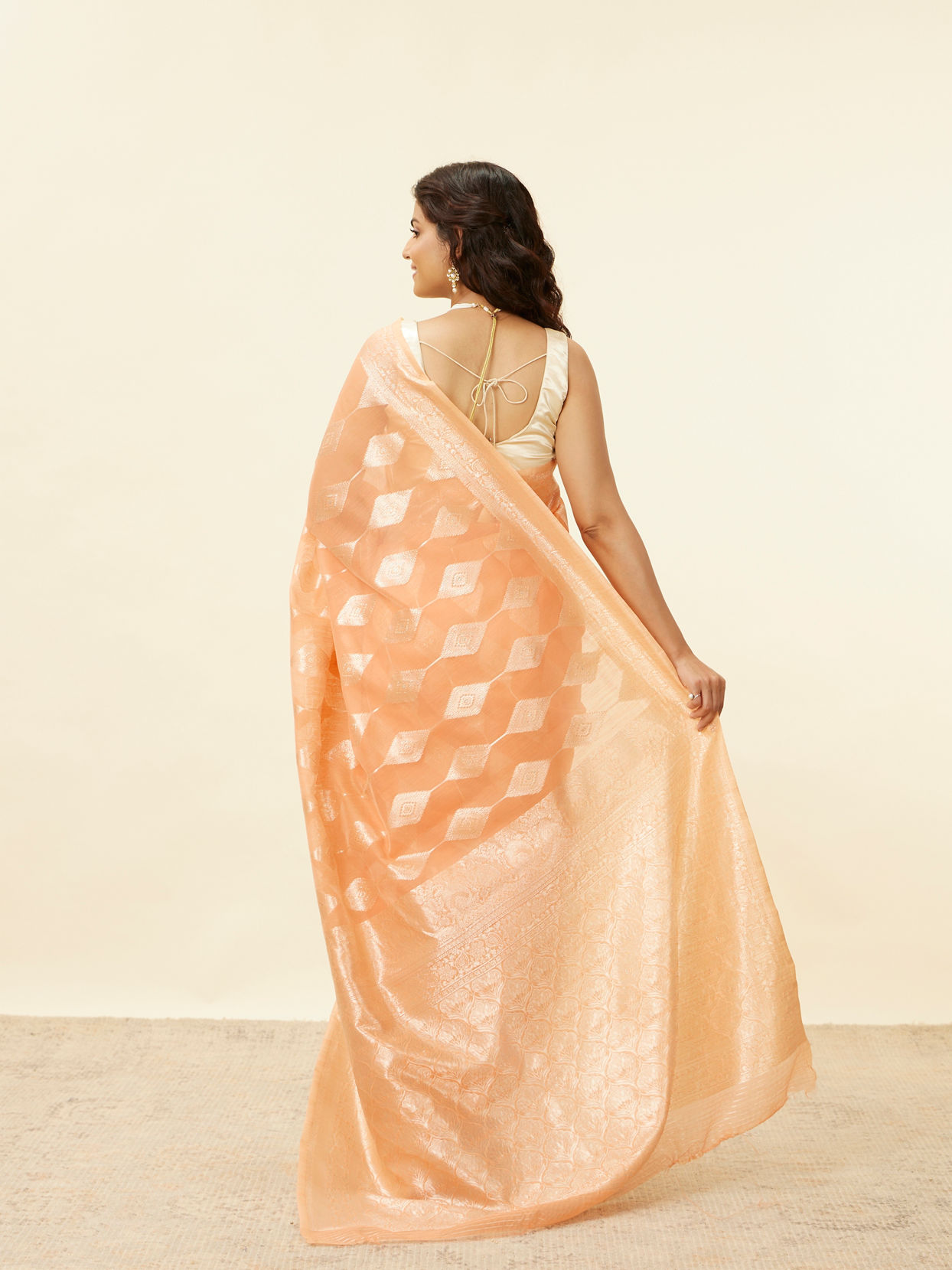 Mohey Women Coral Orange Zari Work Saree