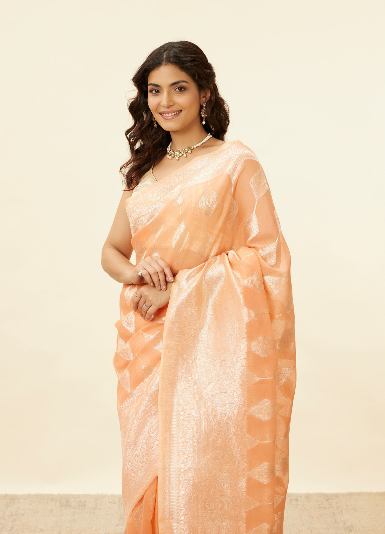 Mohey Women Coral Orange Zari Work Saree