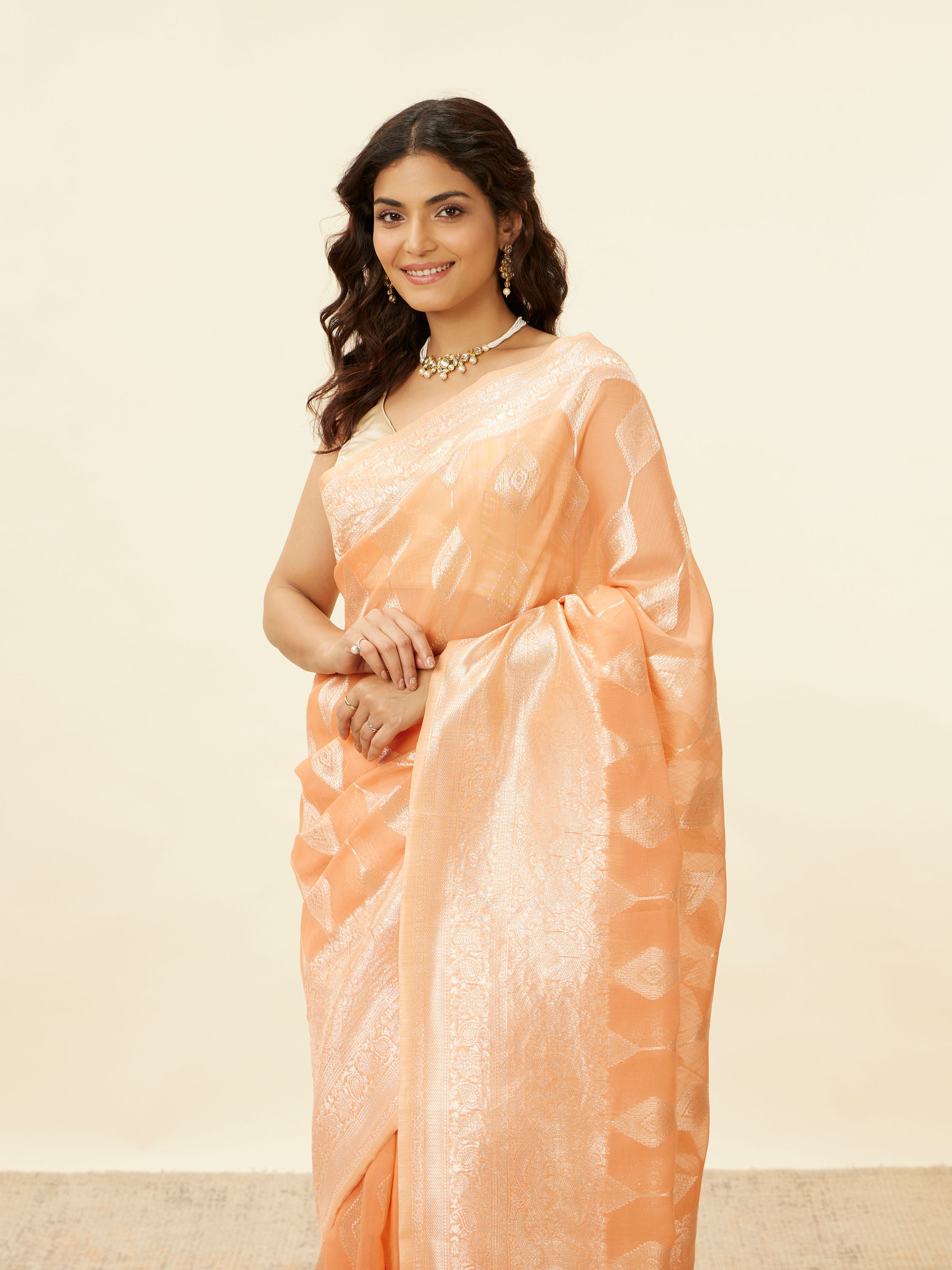 Mohey Women Coral Orange Zari Work Saree