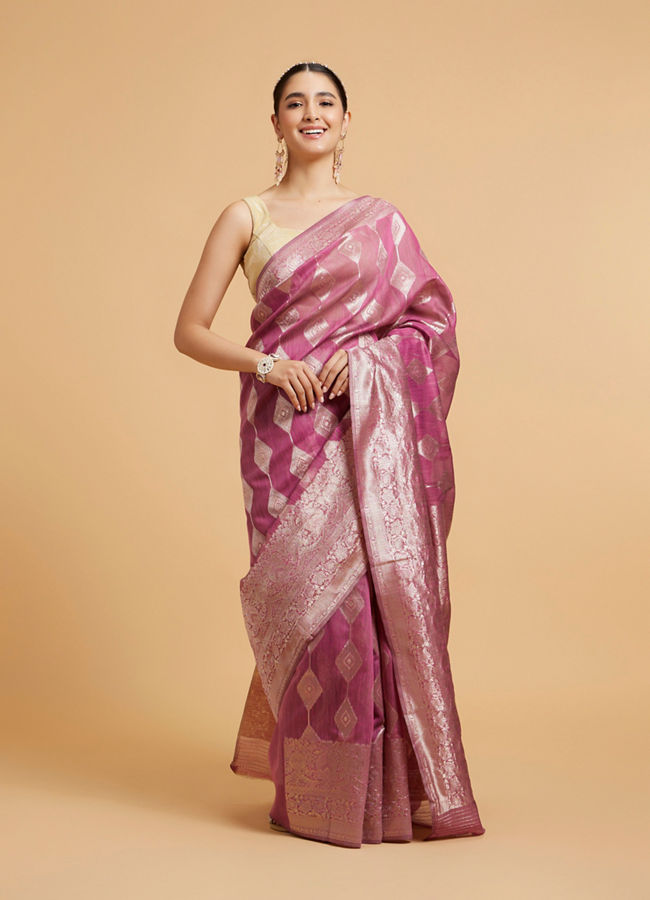 alt message - Mohey Women Damson Purple Zari Work Saree with Diamond Motifs image number 0