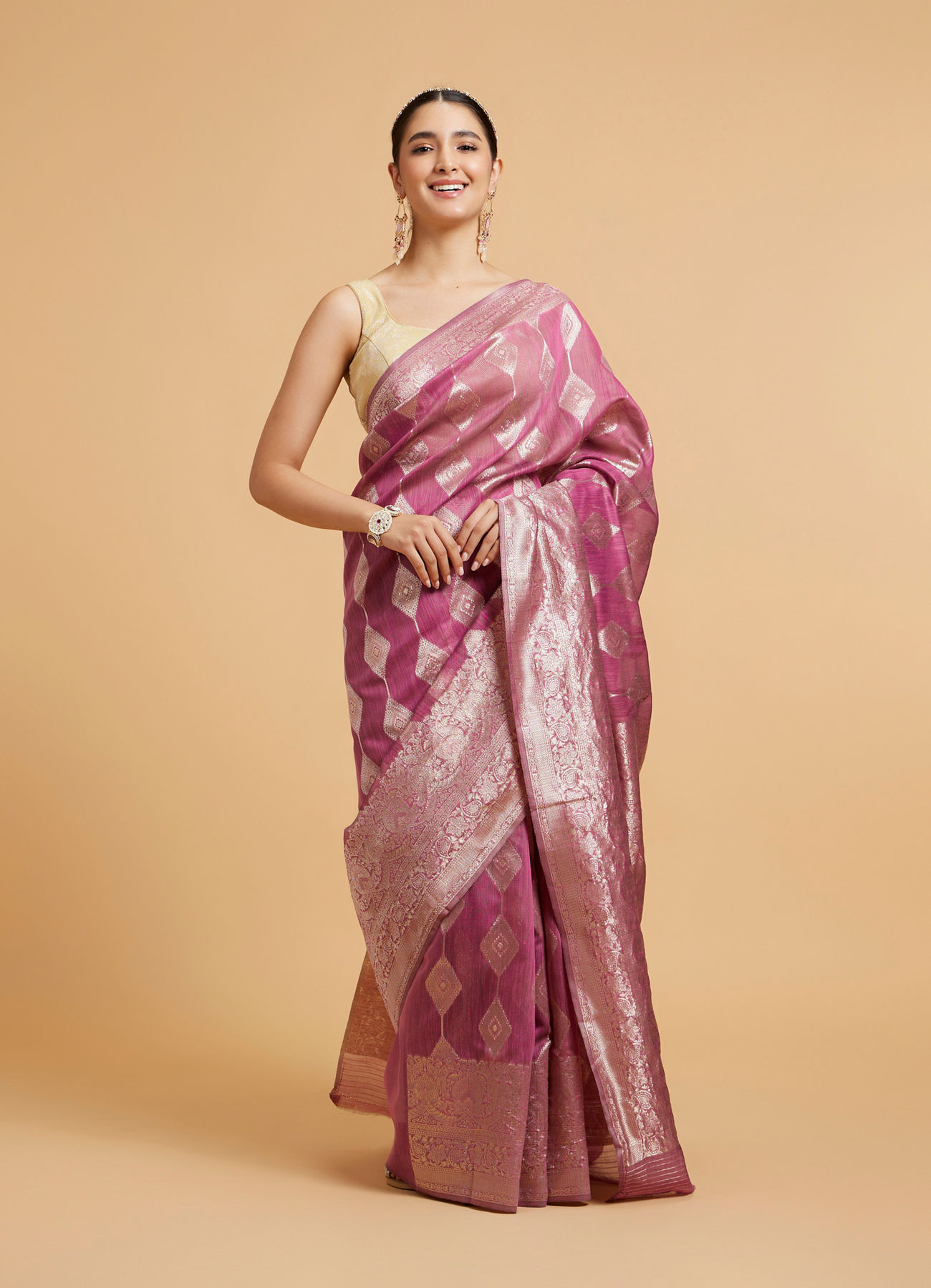 Mohey Women Damson Purple Zari Work Saree with Diamond Motifs