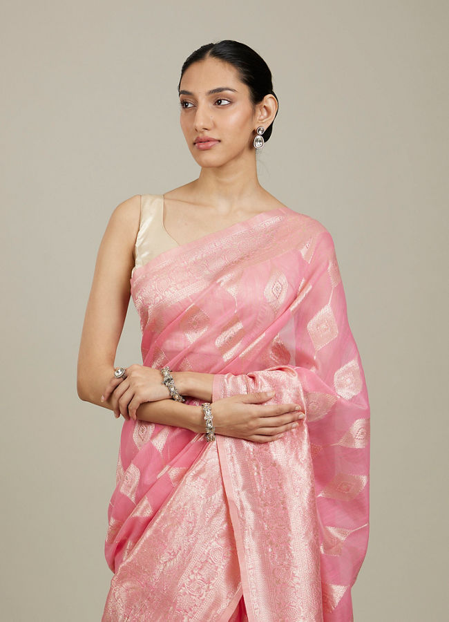 Mohey Women Elegant Pink Silk with Intricate Zari Weave Saree image number 1