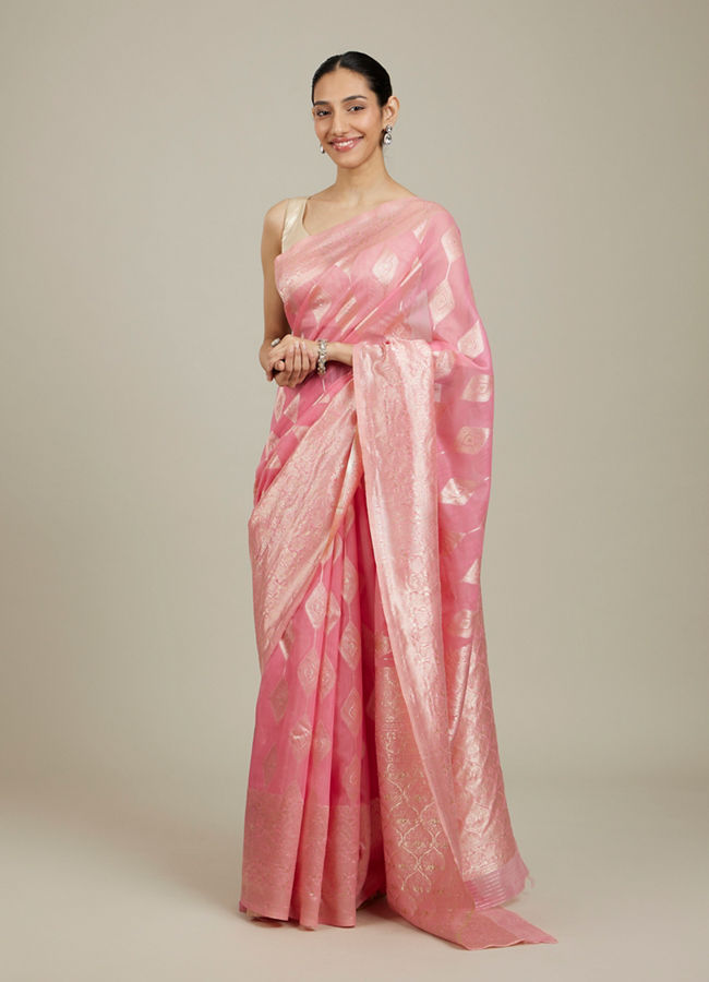 Mohey Women Elegant Pink Silk with Intricate Zari Weave Saree image number 2