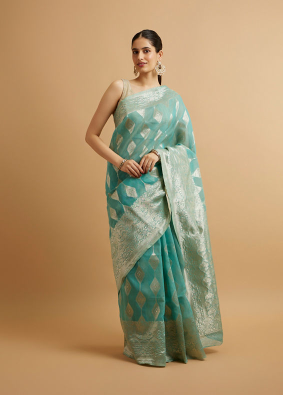 Mohey Women Light Blue Art Silk with Intricate Zari Weave Saree