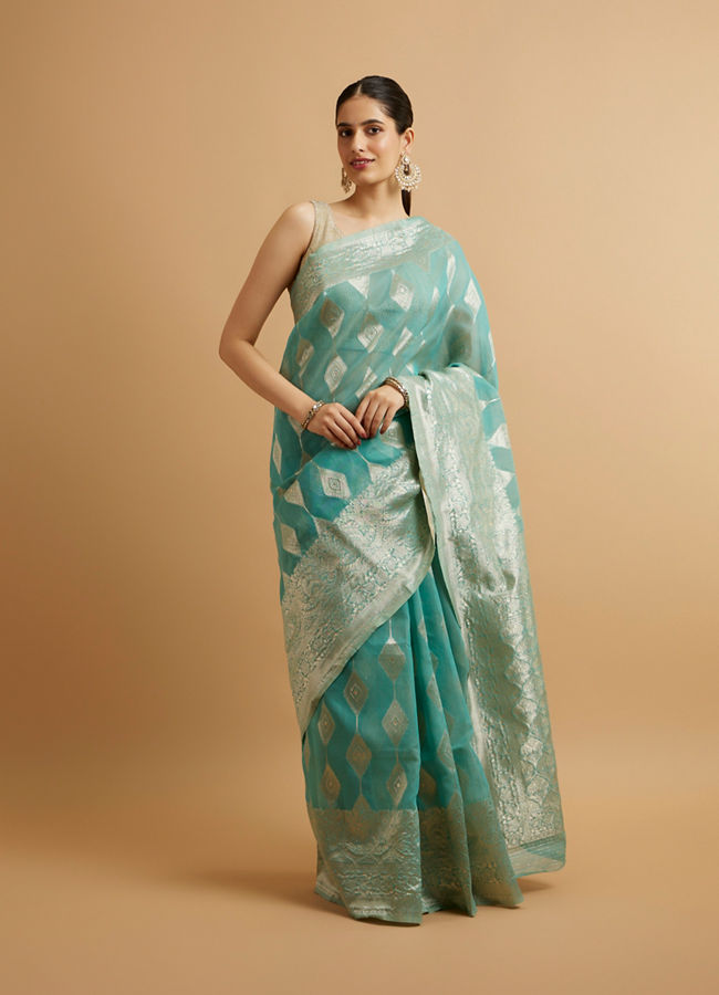 Mohey Women Light Blue with Intricate Zari Weave Saree