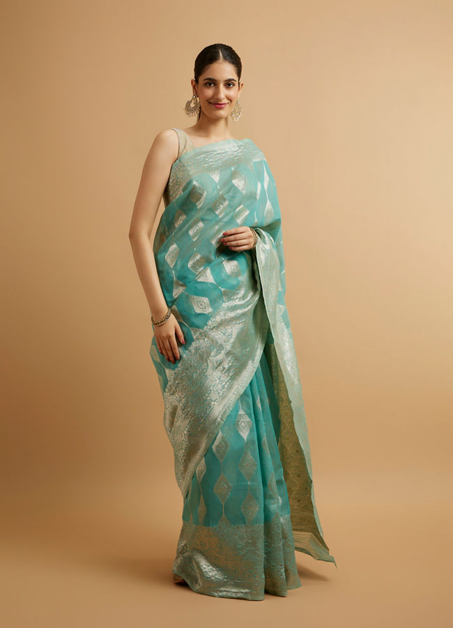 Mohey Women Light Blue Art Silk with Intricate Zari Weave Saree