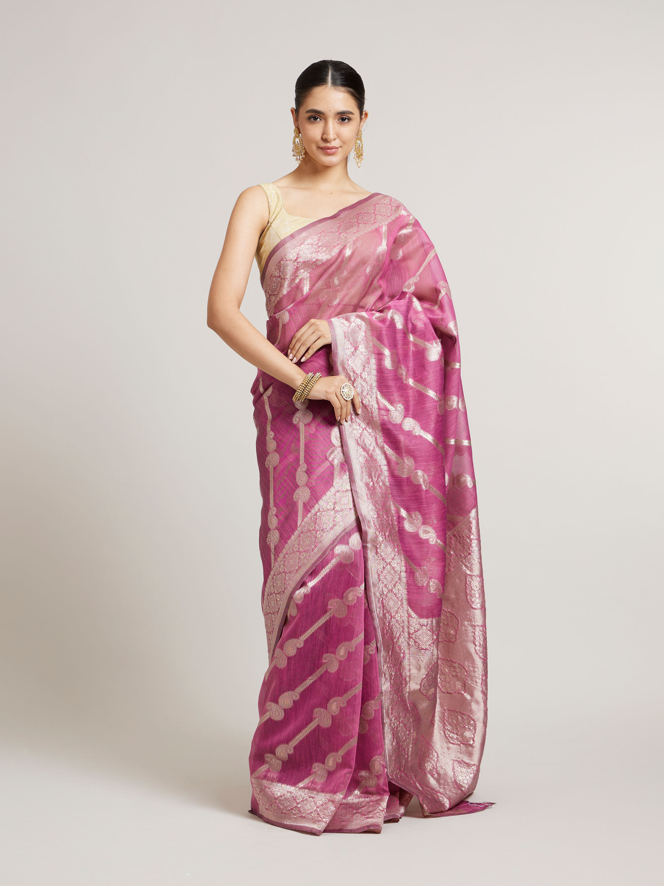 Mohey Women Damson Purple Striped Patterned Saree with Paisley Motifs