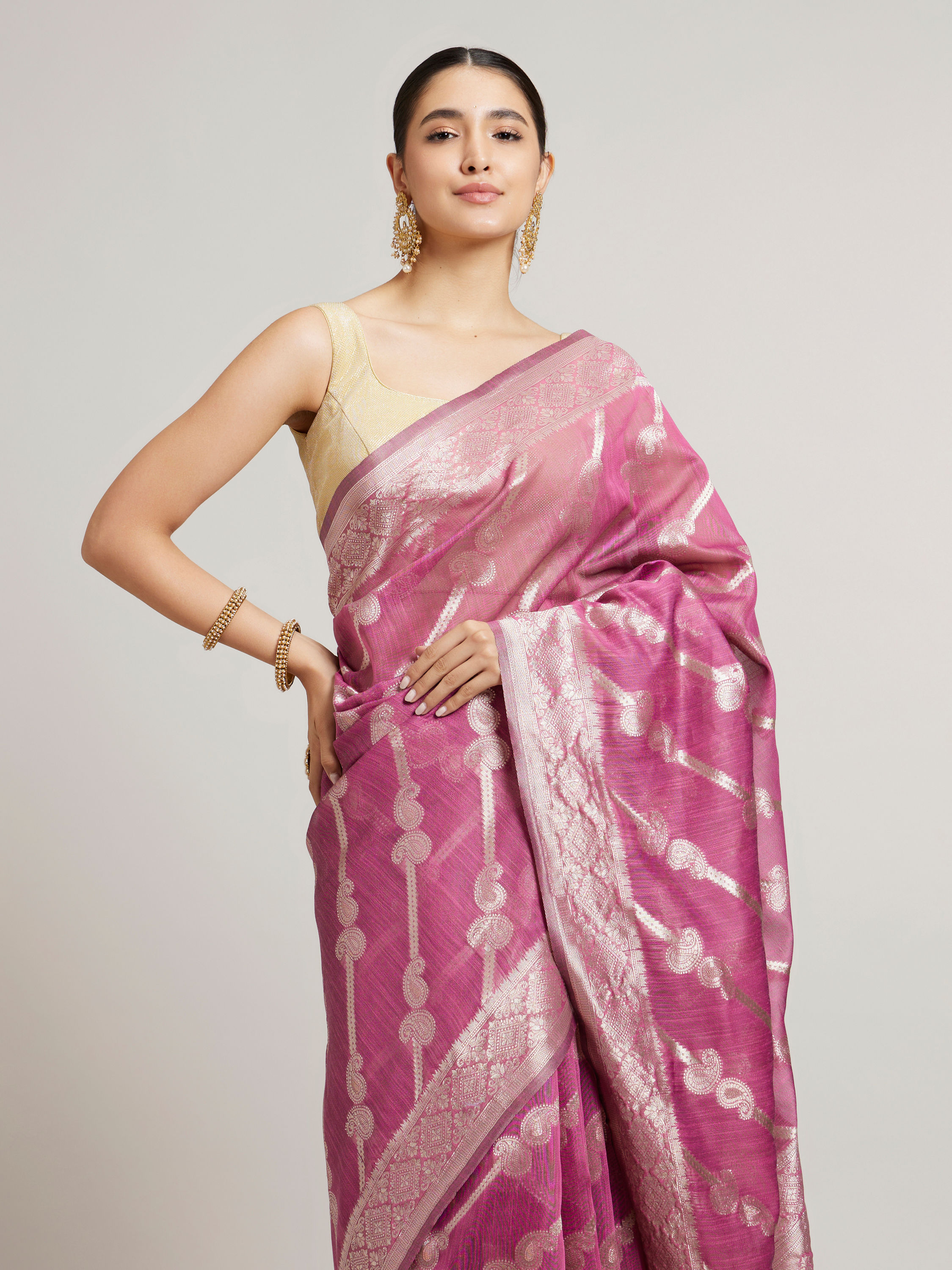 Mohey Women Damson Purple Striped Patterned Saree with Paisley Motifs