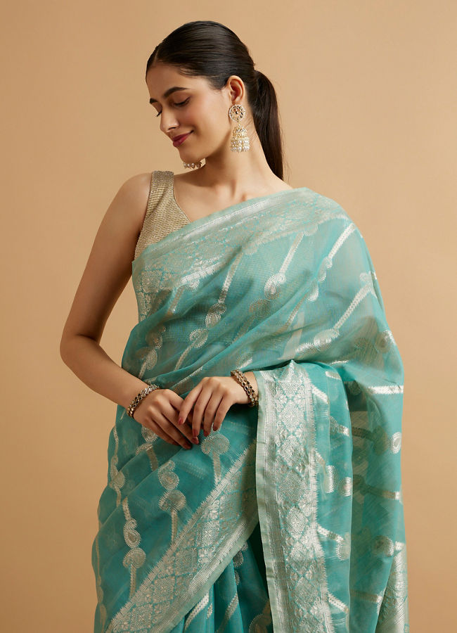 Mohey Women Elegant Light Blue Silk with Zari Weave Traditional Saree image number 1