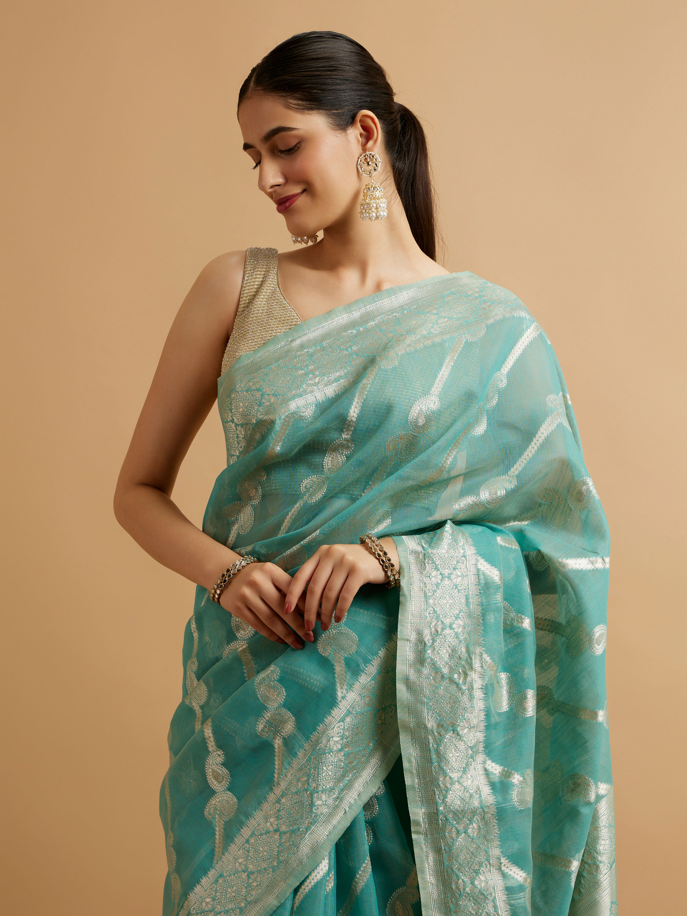 Mohey Women Elegant Light Blue Silk with Zari Weave Traditional Saree