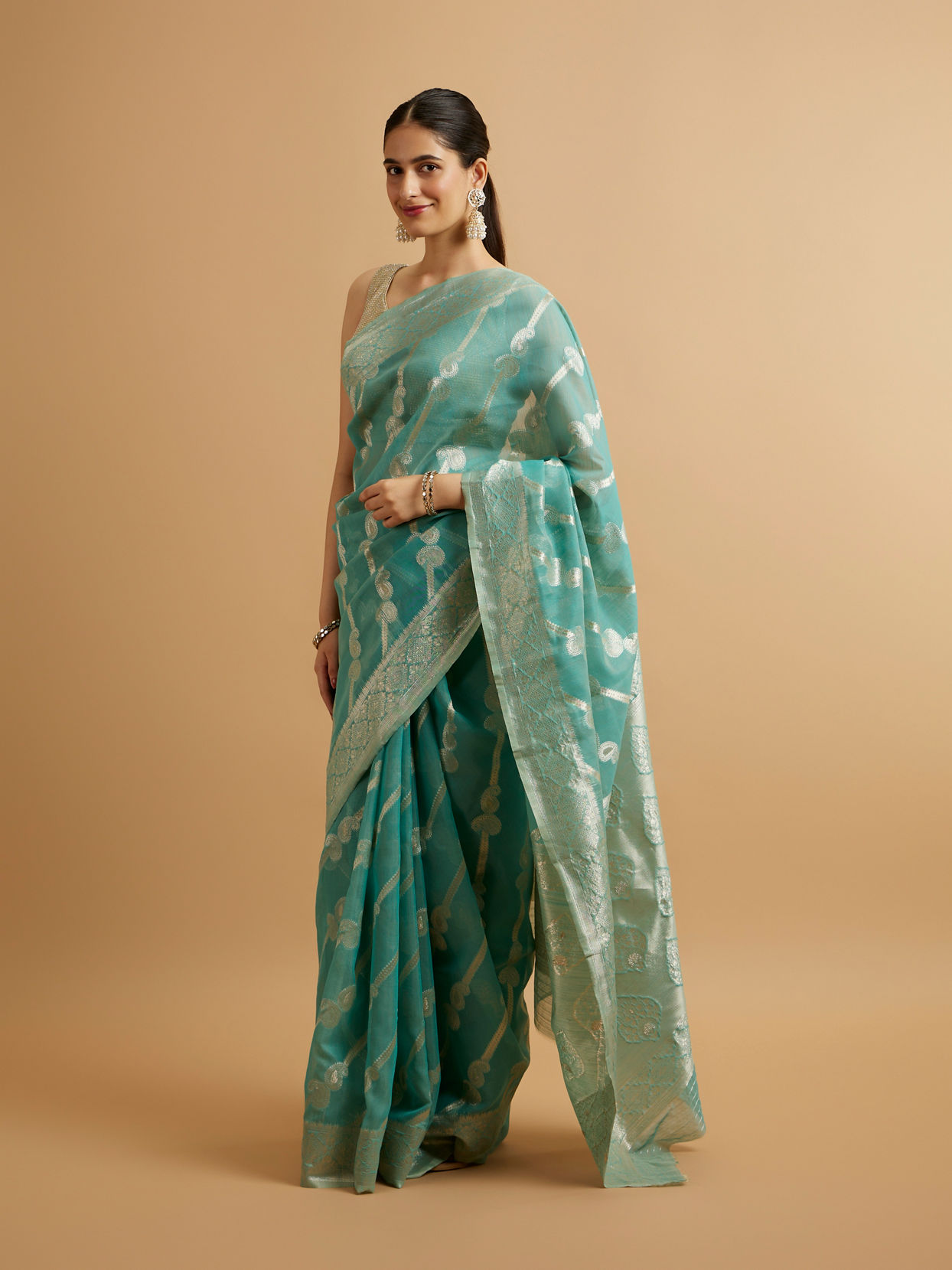 Mohey Women Elegant Light Blue Silk with Zari Weave Traditional Saree