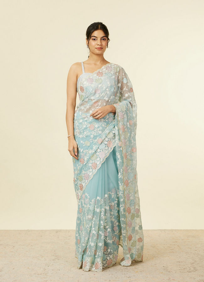 alt message - Mohey Women Light Blue Belt Buti Patterned Saree image number 0