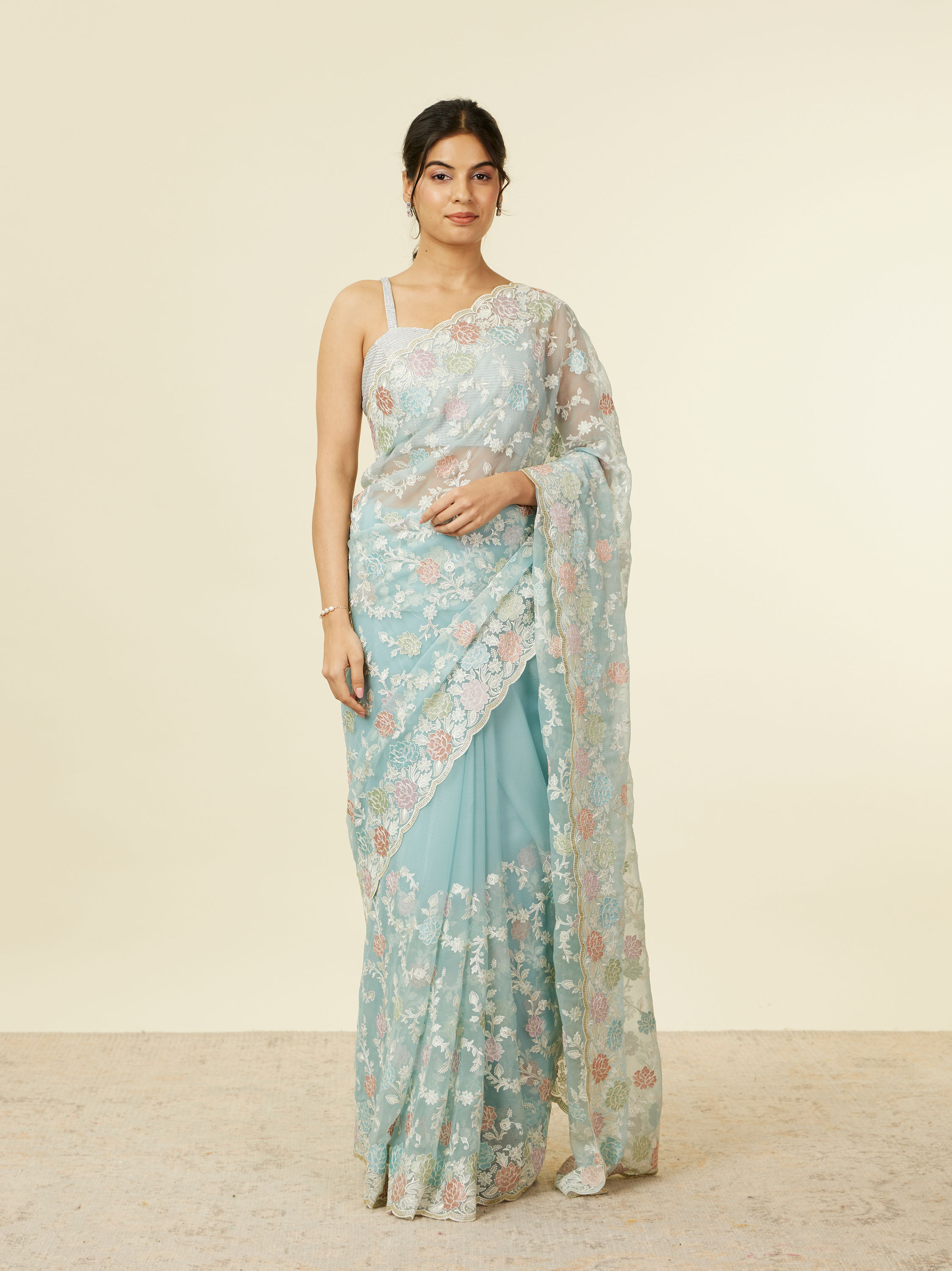 Mohey Women Light Blue Belt Buti Patterned Saree