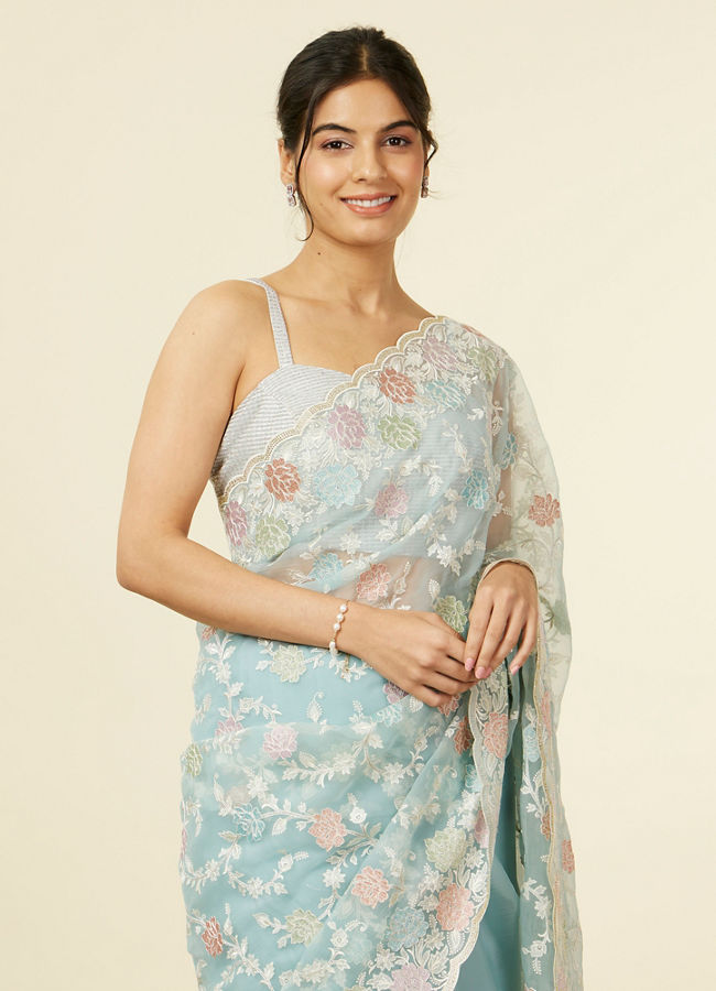 Mohey Women Light Blue Belt Buti Patterned Saree