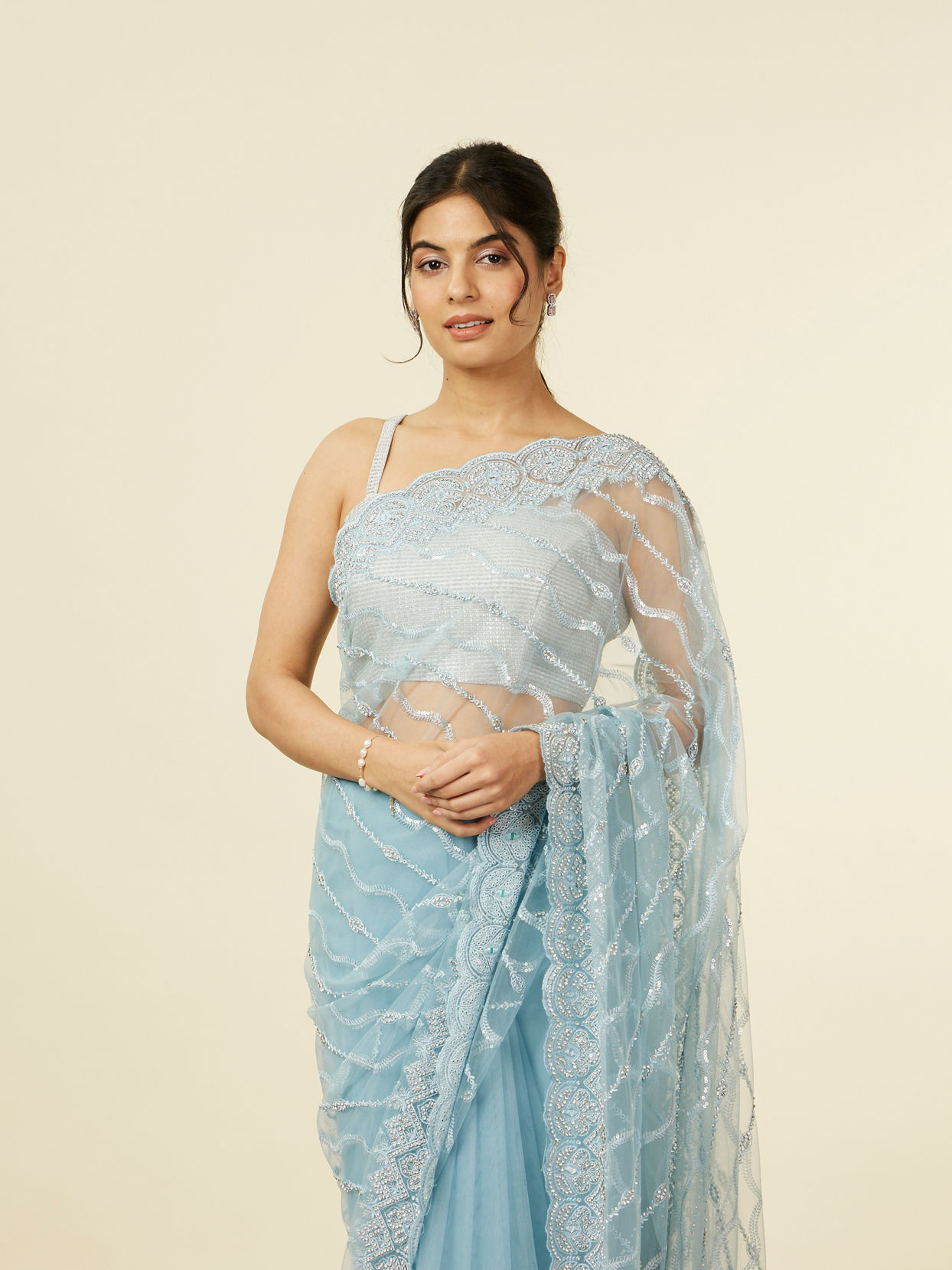 Mohey Women Light Blue Sequinned Saree with Rhinestone Border image number 1