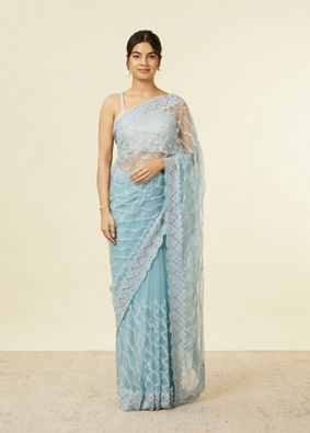 Mohey Women Light Blue Sequinned Saree with Rhinestone Border