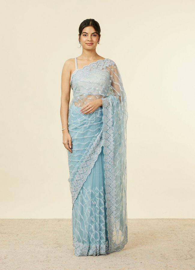 Mohey Women Light Blue Sequinned Saree with Rhinestone Border