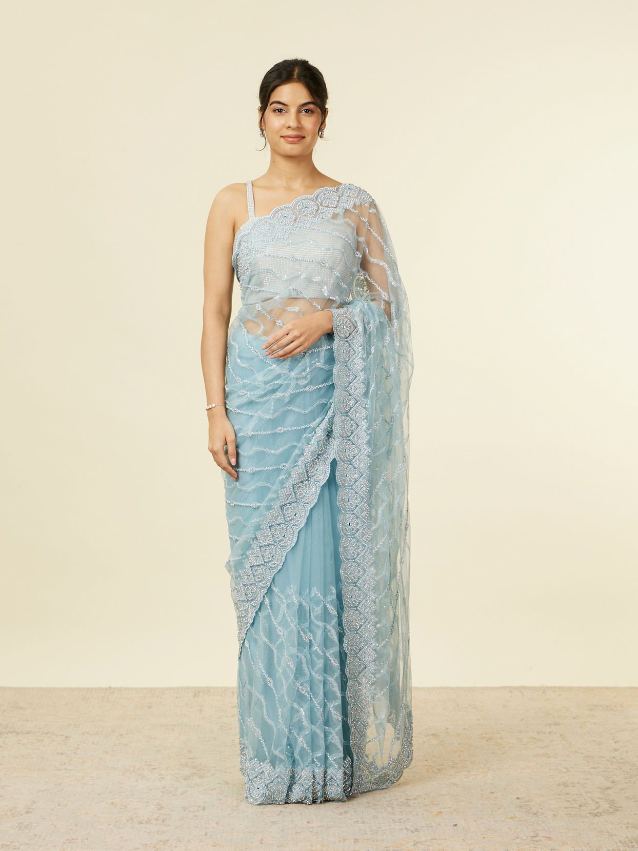 Mohey Women Light Blue Sequinned Saree with Rhinestone Border image number 0