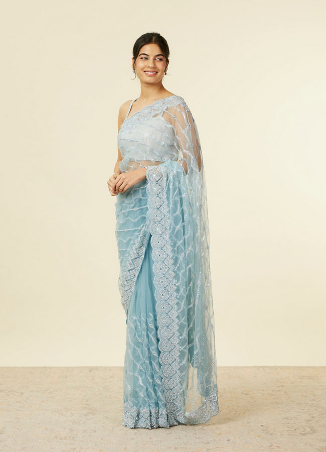 Mohey Women Light Blue Sequinned Saree with Rhinestone Border