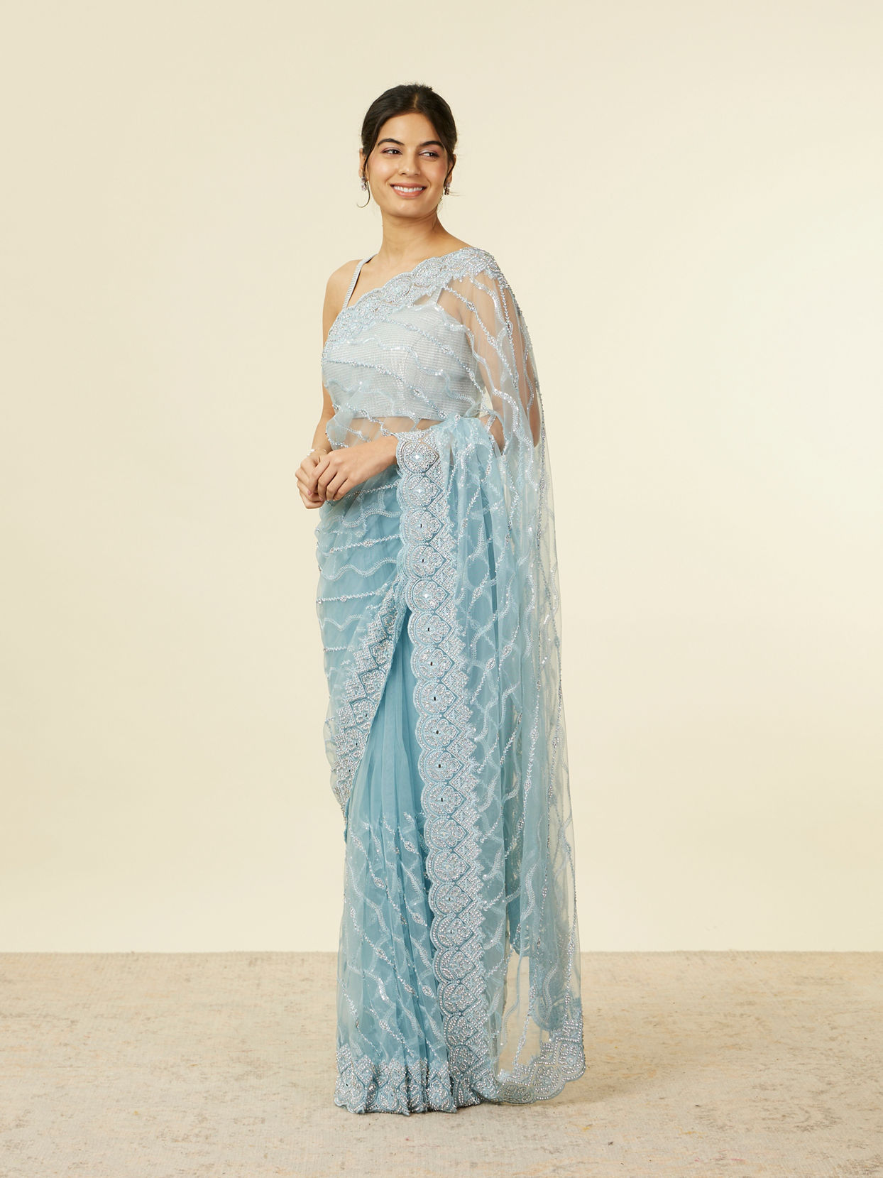 Mohey Women Light Blue Sequinned Saree with Rhinestone Border