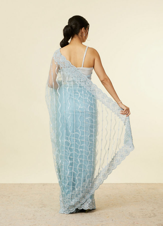 Mohey Women Light Blue Sequinned Saree with Rhinestone Border
