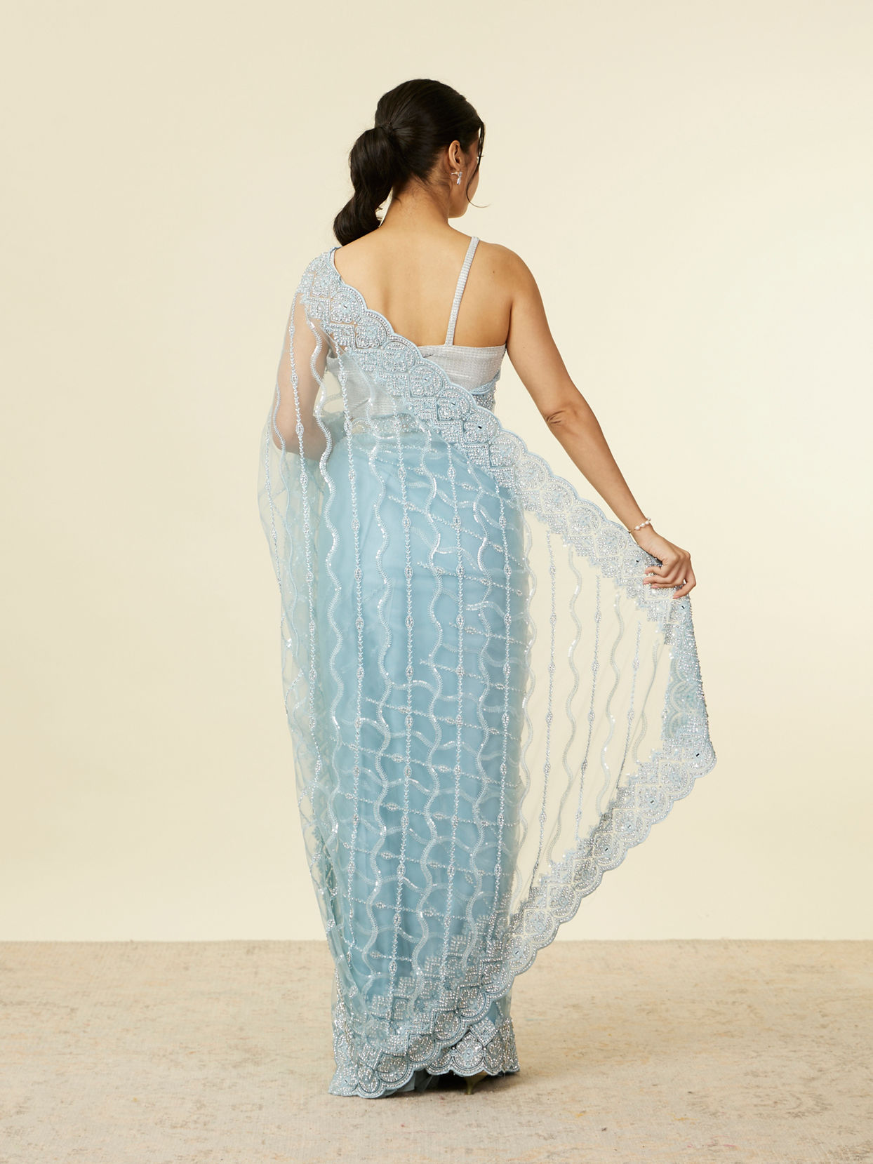Mohey Women Light Blue Sequinned Saree with Rhinestone Border