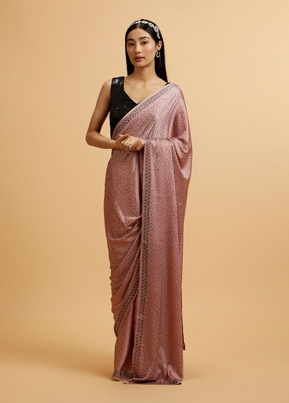 Mohey Women Pink Splendor Satin with Intricate Embroidery and Stone Work Saree