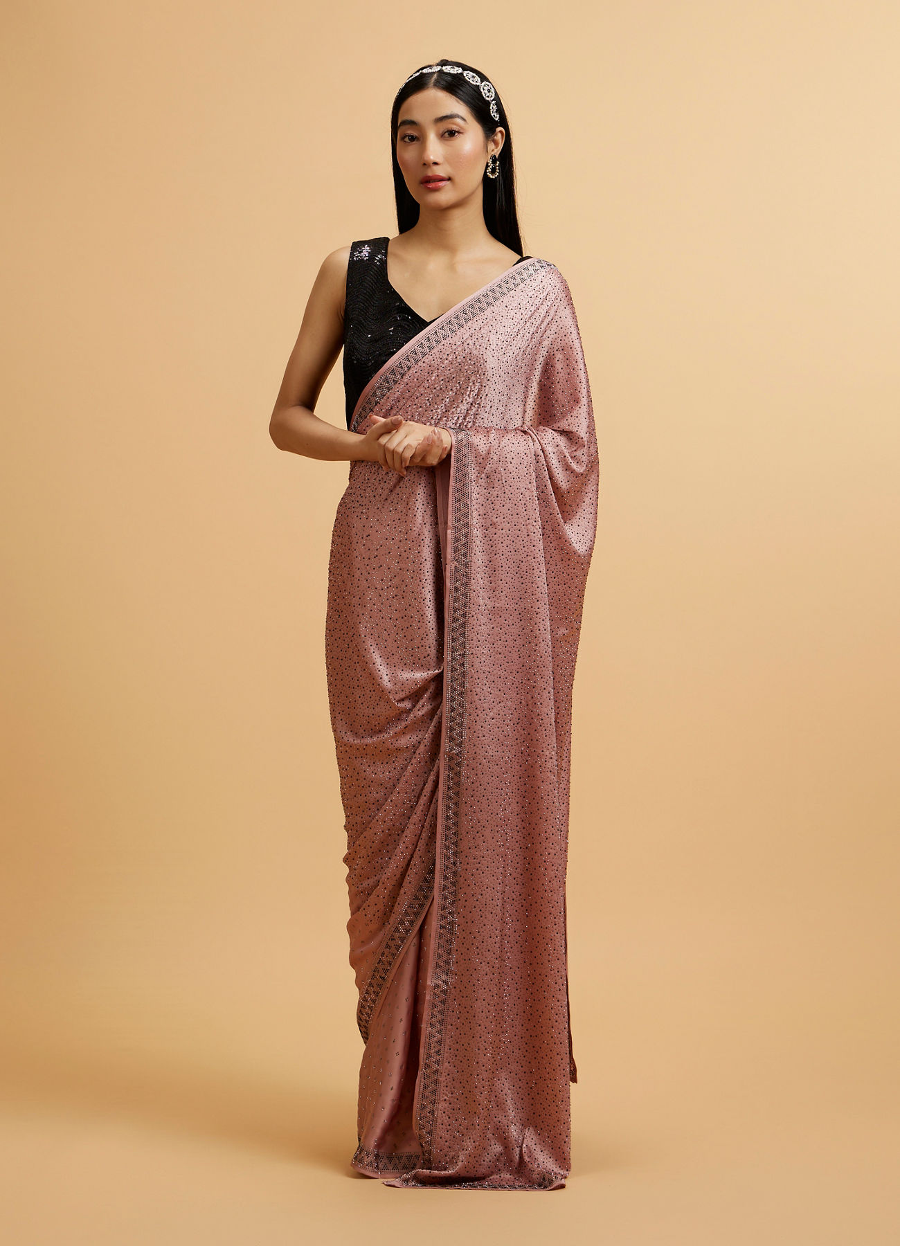 Mohey Women Pink Splendor Satin with Intricate Embroidery and Stone Work Saree