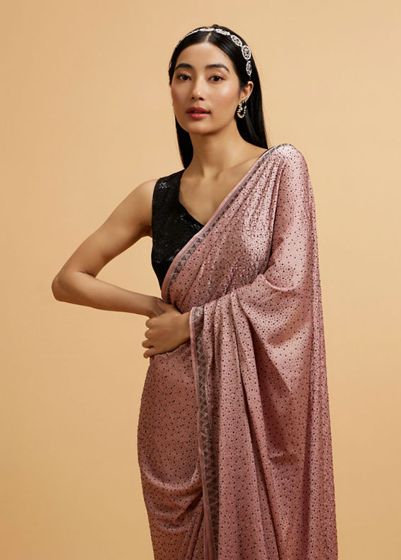 Mohey Women Pink Splendor Satin with Intricate Embroidery and Stone Work Saree