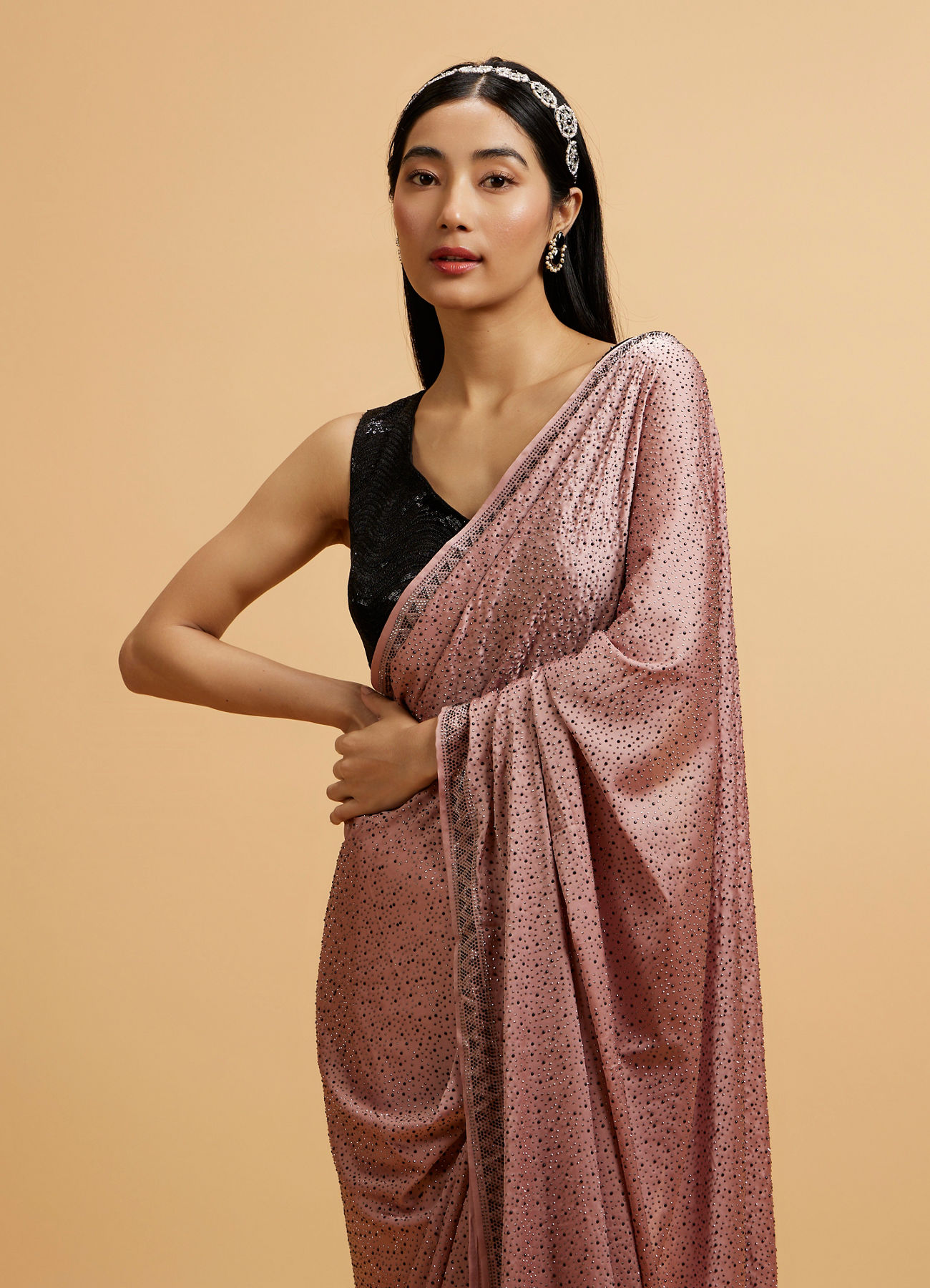 Mohey Women Pink Splendor Satin with Intricate Embroidery and Stone Work Saree