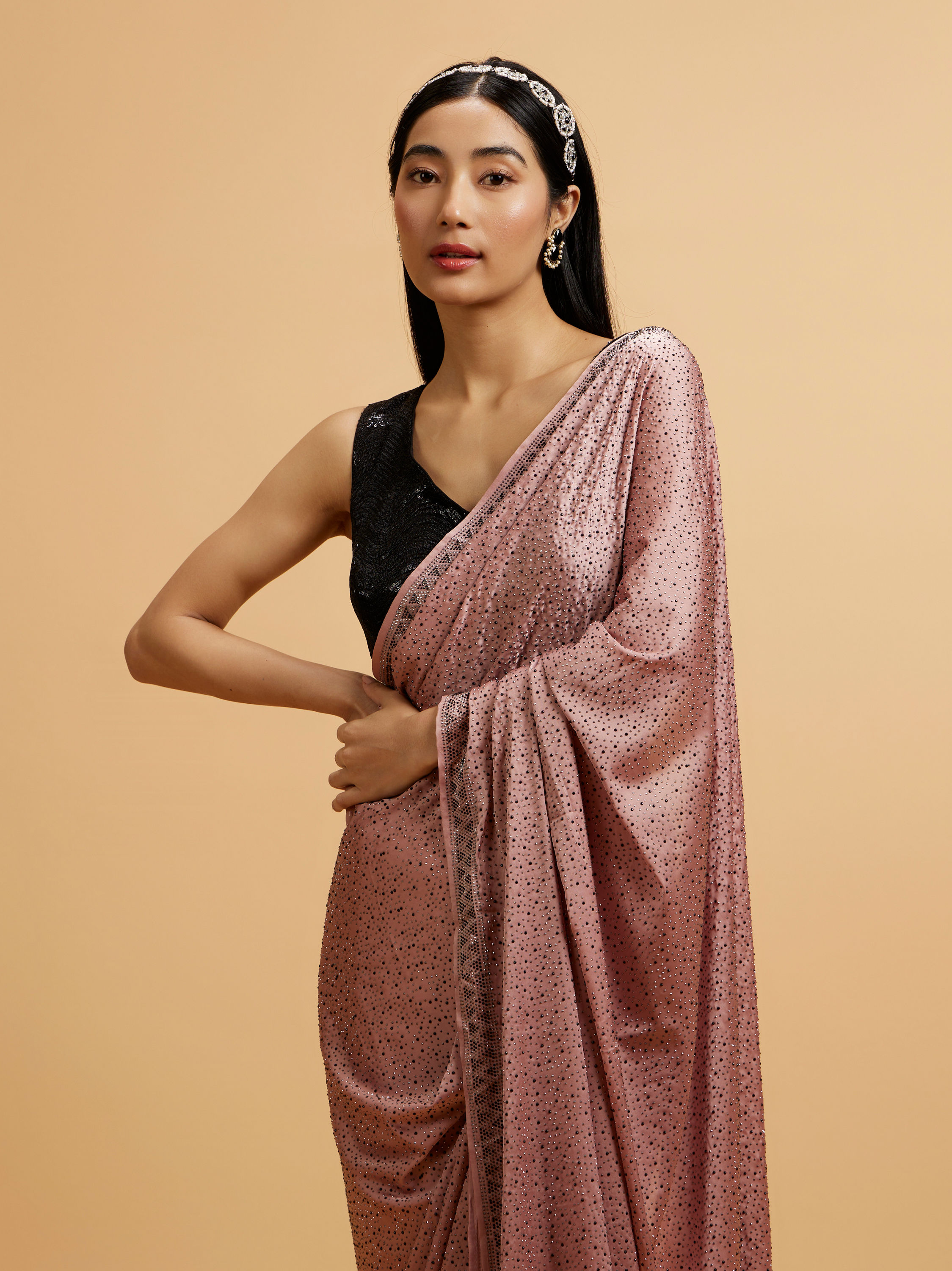 Mohey Women Pink Splendor Satin with Intricate Embroidery and Stone Work Saree
