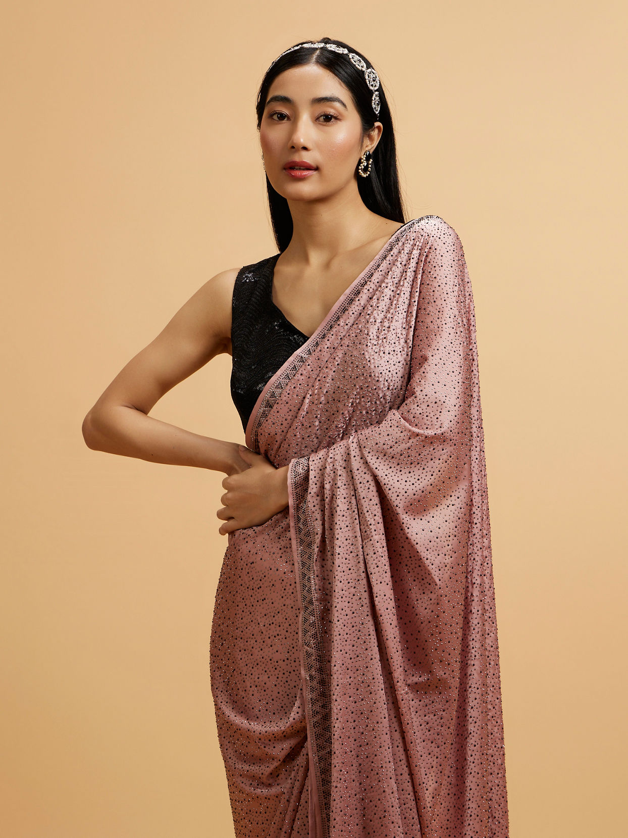 Mohey Women Pink Splendor Satin with Intricate Embroidery and Stone Work Saree
