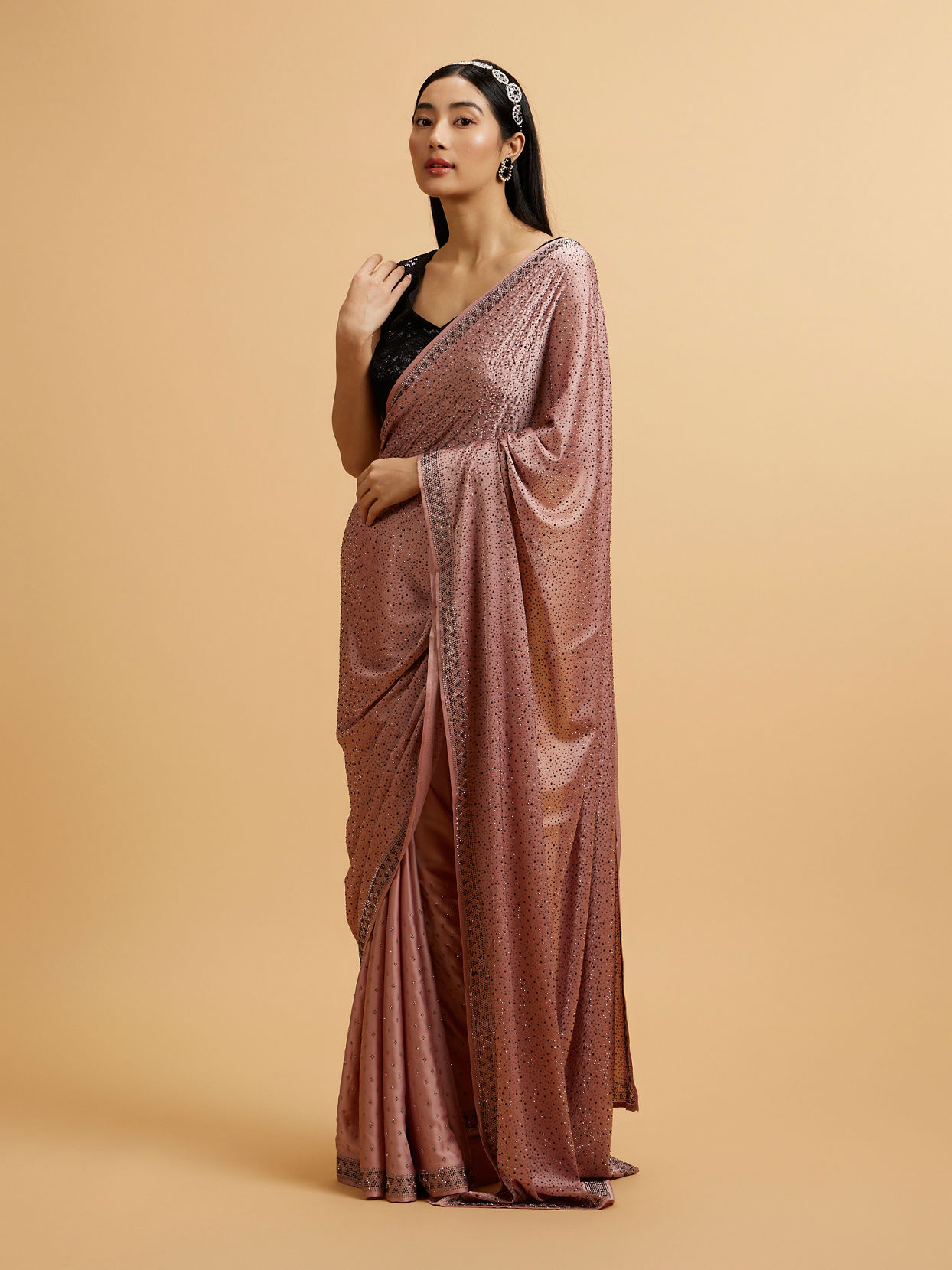 Mohey Women Pink Splendor Satin with Intricate Embroidery and Stone Work Saree